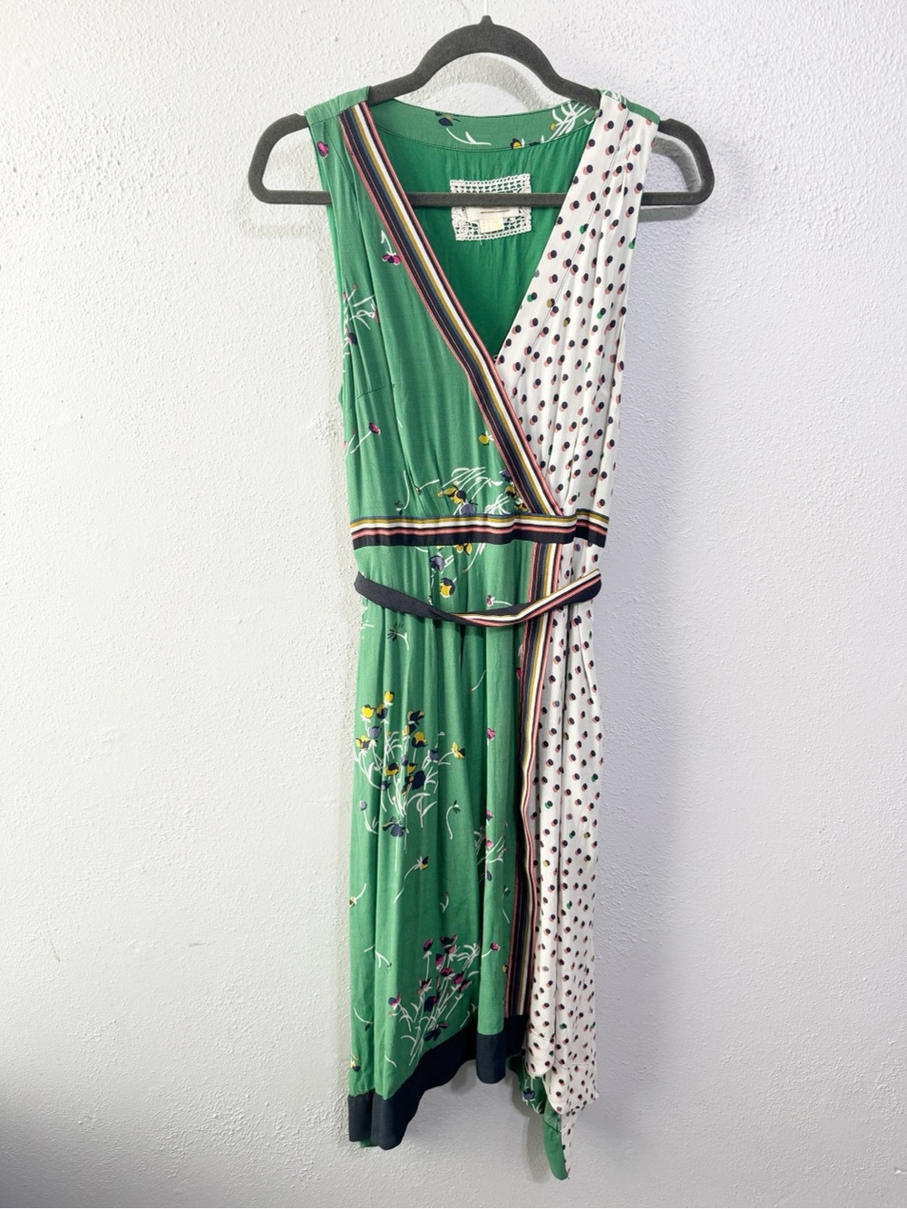 Anthropologie Maeve Green One-Shoulder Mixed-Print Wrap Dress size 6